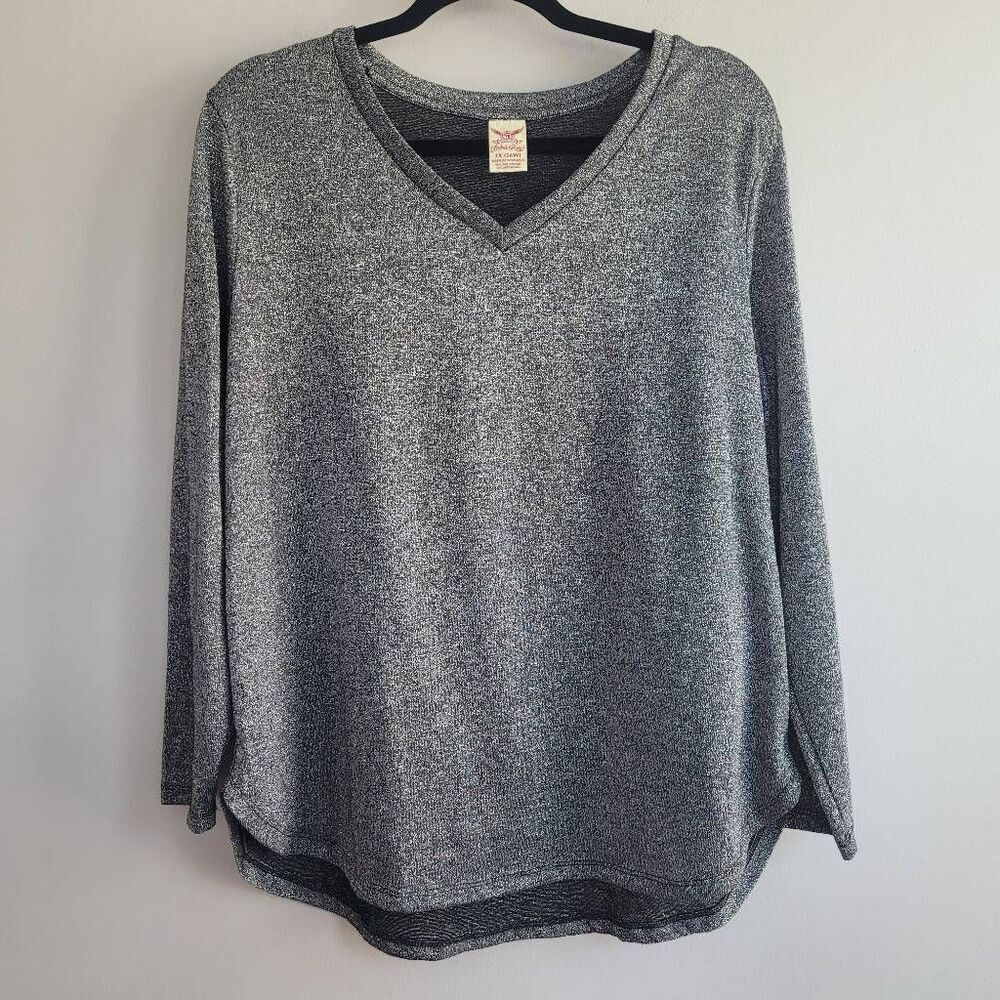 y2k silver metallic long sleeved v neck shirt blouse glam maximalist‎ mcbling